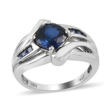 Stunning Lab Created Blue Sapphire Ring Platinum Plated Sterling Silver Size 6