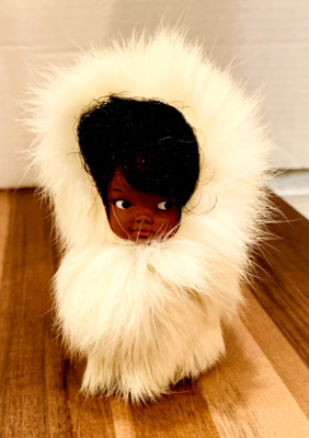 Vintage 70s Cute Eskimo Inuit Indian Doll Baby Real Rabbit Fur Alaska 4  Leather