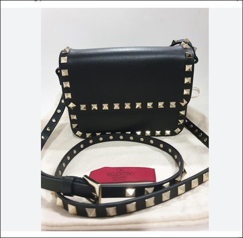 NWT Auth Valentino Rockstud Shoulder Bag Flap Crossbody Black Leather/Gold-Tone