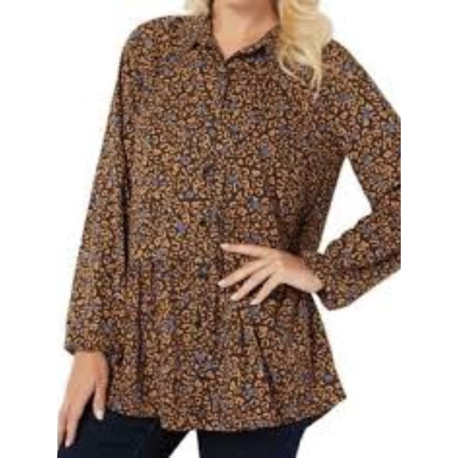 Logo Lori Goldstein Brown Blue Floral Animal Print Tiered Button Up Top Size L