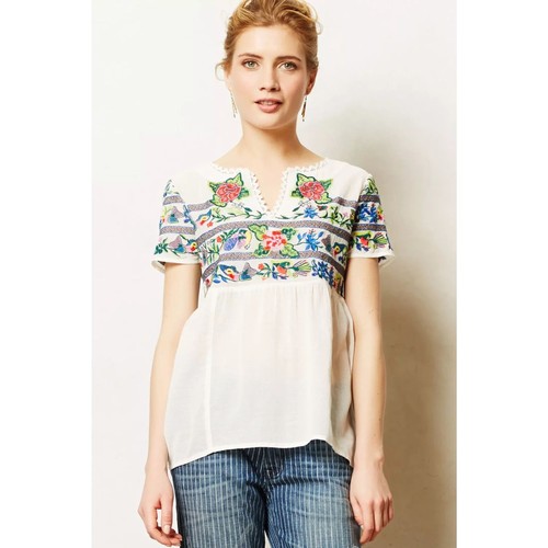 Vanessa Virginia Anthropologie Moineau Bouquet Embroidered Boho Blouse Floral 0