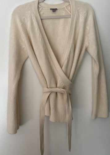Ann Taylor L Fuzzy Angora Sweater Cream Warm Soft Wrap V Neck Long Sleeve Belt