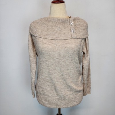 Cato womens Off Shoulder Sweater Size M Oatmeal Gold Buttons Lightweight Neutral