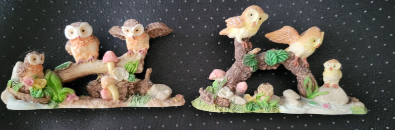 2 Small Cute Figurines, Each Has 3 Owls Perching Each 4 1/2 '