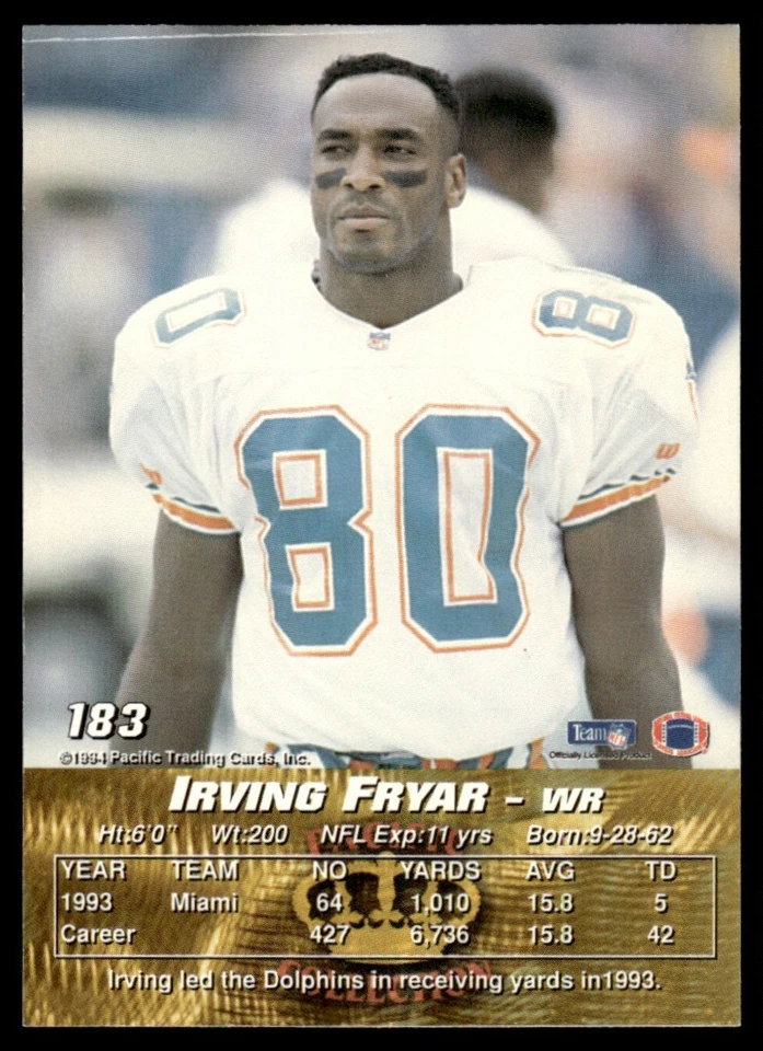 1994 Pacific Irving Fryar Miami Dolphins #183 - Image 2 of 2