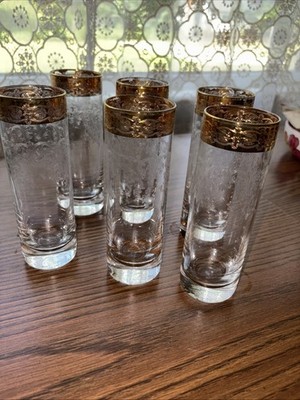Set 6 Cellini Crystalware 24 K Gold 6.5'' Long Drink Highball Glasses Italy