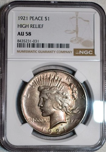NGC AU-58 1921 Silver Peace Dollar, Lightly Toned, Fully Lustrous, Key-Date!