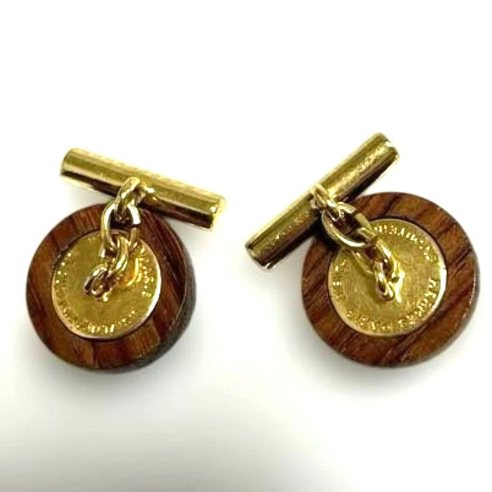 HERMES Gemelos Redondos Cadena Dorada Botón Madera Metal Serie Con Caja Foto 4 de 4