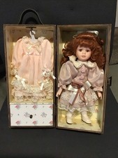 Vintage 12" Doll In Wooden Steamer Trunk Case with Extra Outfit NICE