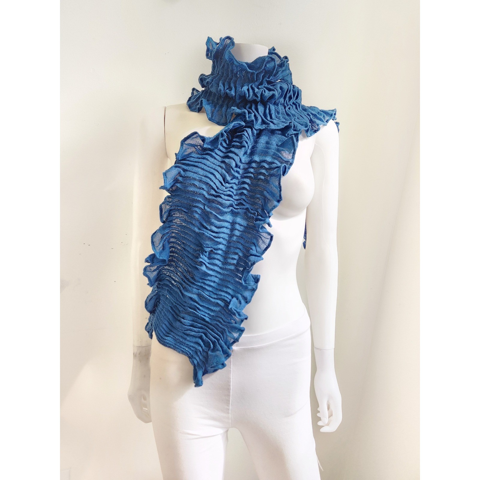 Ruffle Scarf Womens OS Blue Pleated Accordion Knit Stretch Artsy Boho Lagenlook