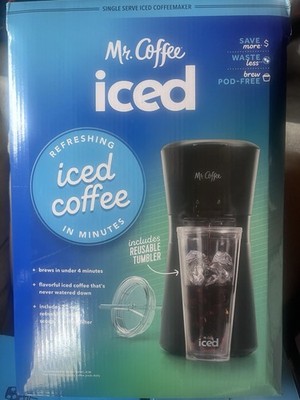 MR COFFEE Iced Coffee Maker Single Serve Black Rapid Chill Tumbler Filter NOB