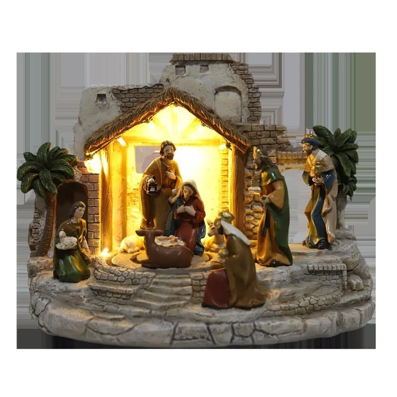 Magie Di Natale – Natività Con Abiti In Tessuto Celeste E Oro Per Presepe – 36 Cm – Artigianale