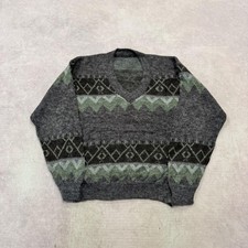 Vintage Knitted Jumper abstract patterned v-neck grandad knit sweater Men's L