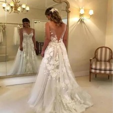 Lace Appliques Wedding Dresses A Line V Neck Beach Backless Bridal Gowns