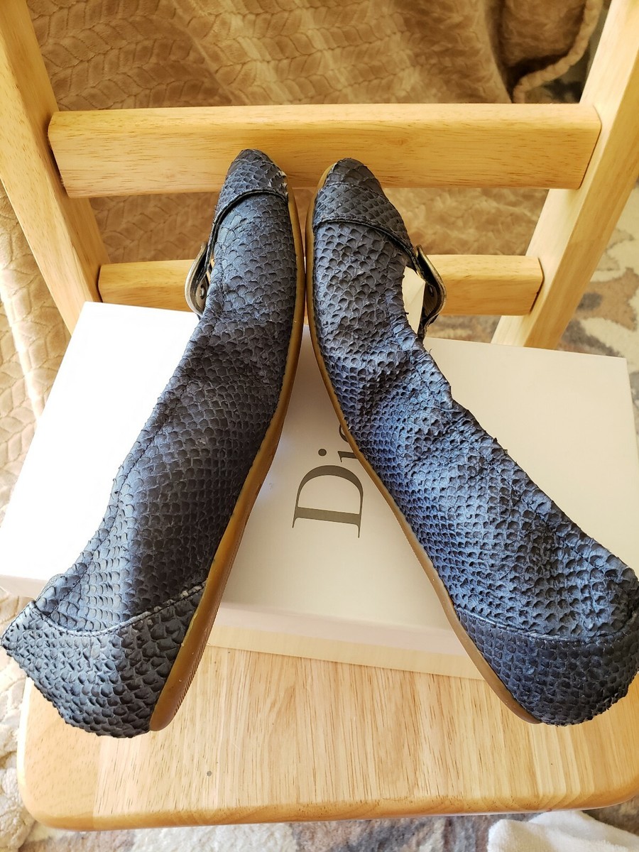 Dior FLATS BLUE STAMPED PYTHON W AGED SILVER BUCKLE SIZE 40