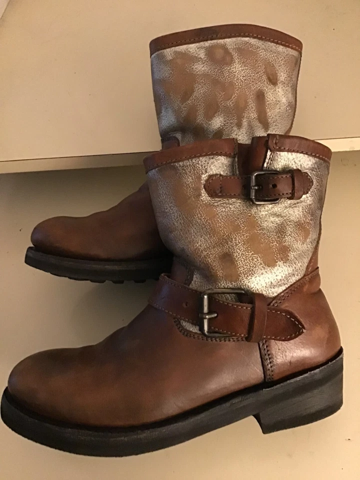 Fresno Mujer Castaño Marrón Cuero Envejecido Moto Botas Talla 7.5 Euro 38.5 Foto 4 de 4