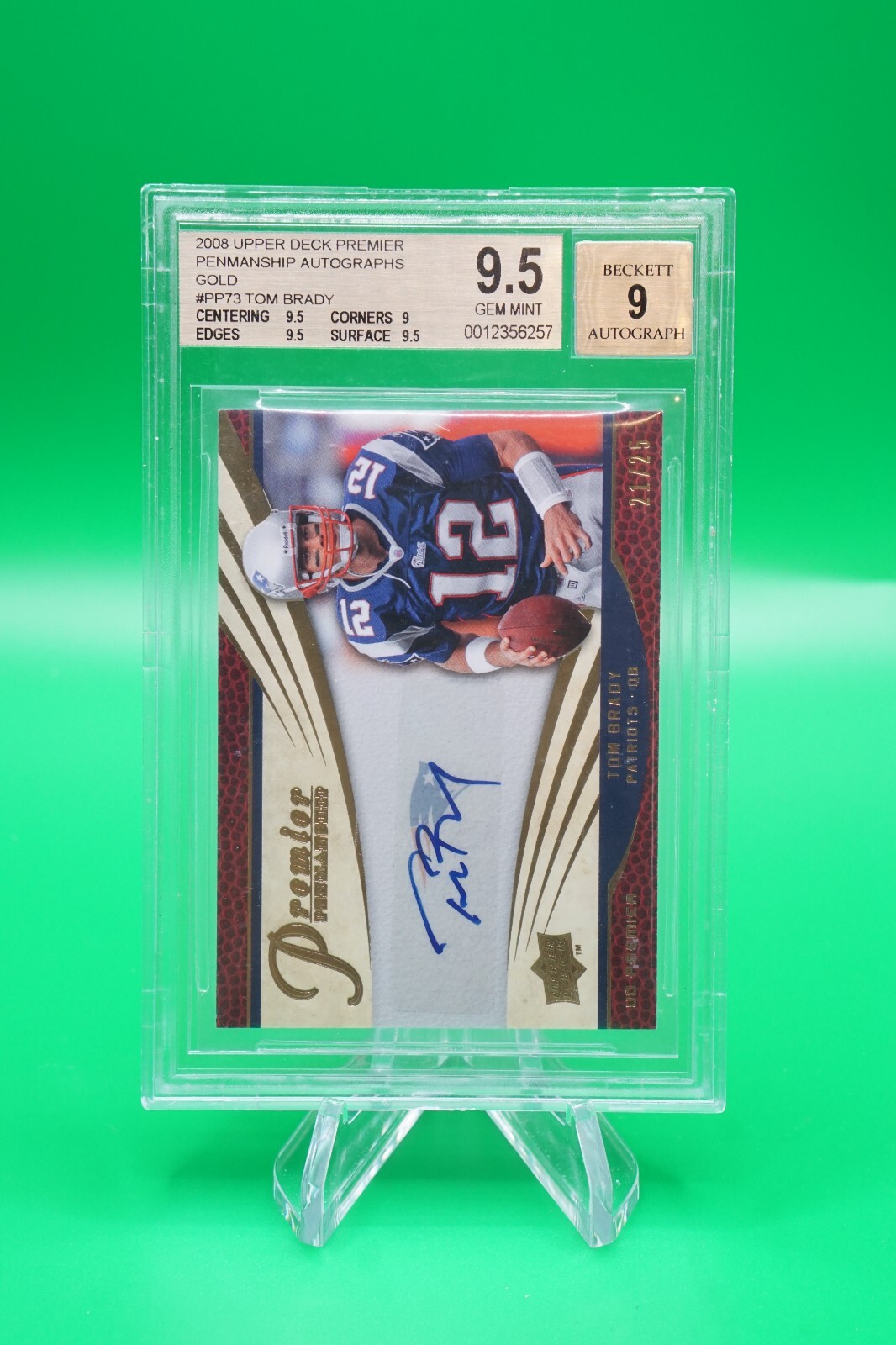 2008 Upper Deck Premier Penmanship Gold 21/25 Tom Brady Auto BGS 9.5/10 R6220J view 2