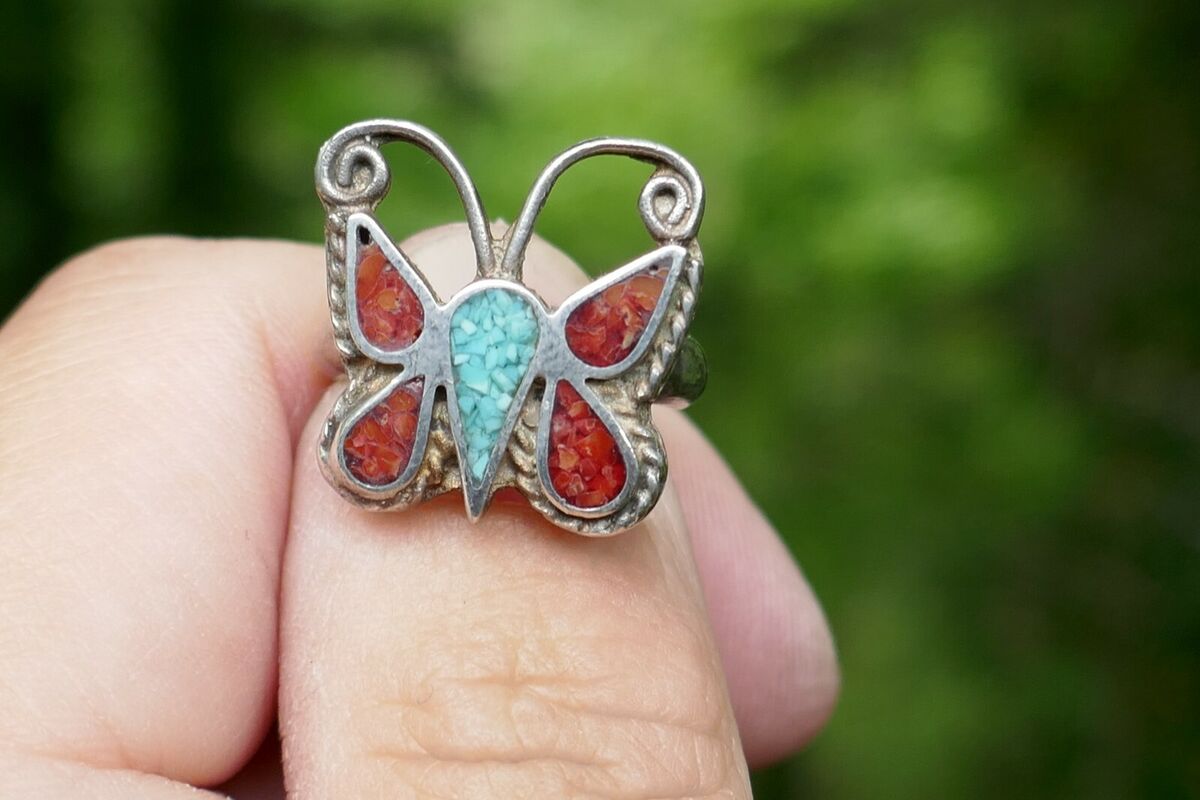 The Best Native American Navajo Hand Spun Sterling Silver Coral Butterfly Ring The Best Native American Navajo Hand Spun Sterling Silver Coral Butterfly Ring