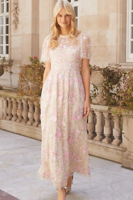 Needle & Thread UK12 long embroidered floral pretty pastel dress maxi boho BNWT