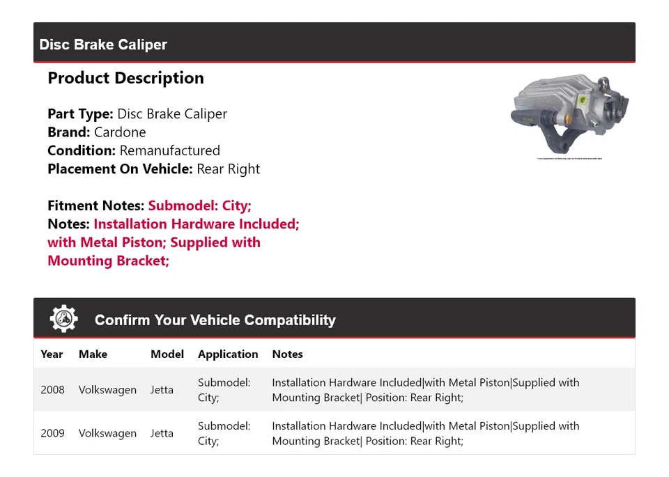 Pinza de freno de disco trasera derecha cardone para Volkswagen Jetta City 2008-2009 Foto 2 de 4