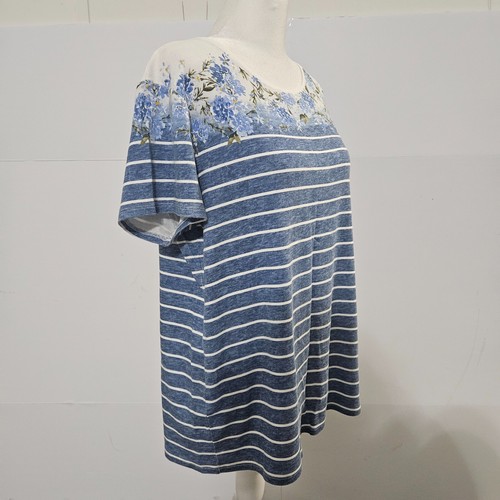 Croft & Barrow Size L Classic Tee Blue/White Striped Blouse T Shirt with Floral - Picture 4 of 15