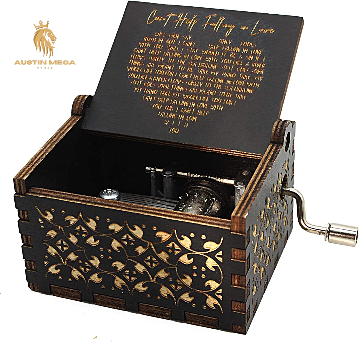 Can T Help Falling in Love Wood Music Box Antique Engraved