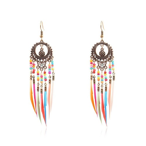 Earrings Fringe Tassel Long Feather Jewellery Vintage Fashion Tribal Bead Boho - Picture 5 of 15