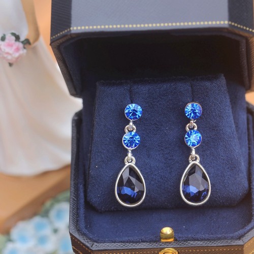 Orecchini a Perno Argentato Pendente Strass Goccia Tondo Blu Navy YW8 - Foto 7 di 10