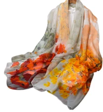 100% Silk Scarf Women neckerchief large Shawl Wrap Floral orange yellow HD118-4