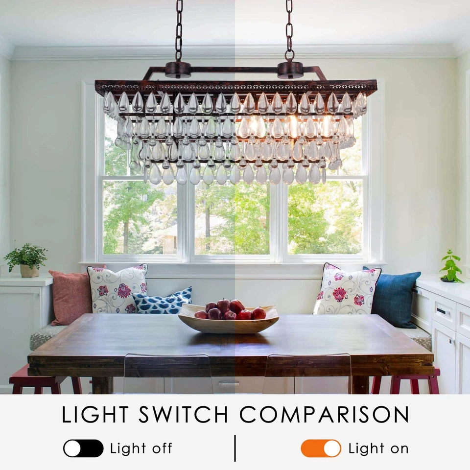 Lámpara de araña antigua de cristal rectangular de bronce de 31,5" 6 luces lámparas colgantes modernas Foto 4 de 4