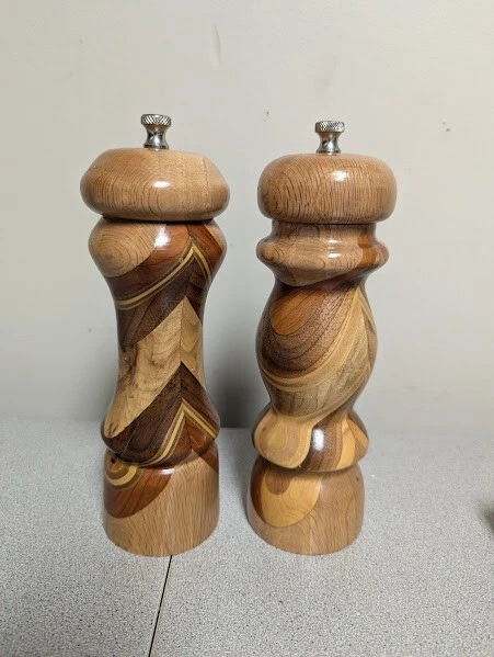 Vintage Hand Made Multiple Woods Pepper & Salt Mill Grinders 9" Tall