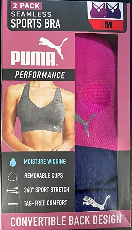 NWT Puma Women's Seamless Sports Bra 2 Pack Blue/Pink Medium $60 1B059