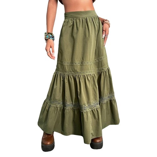 Green Pleated Skirts Holiday Boho High Waist Long Skirts Retro Lace Trim Clothes - 第 12/18 張圖片