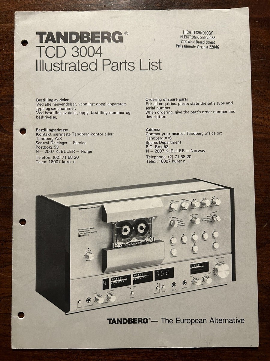 Tandberg TCD 3004 Cassette Tape Deck Illustrated Parts List