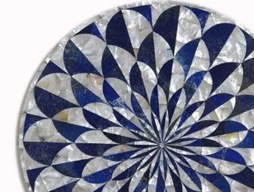 24" Round Top Marble Coffee Table Handmade Lapis & Mop Inlaid Stone Home Decor - Picture 4 of 9
