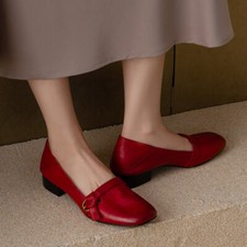 Retro Women's Comfortable Shoes Red Genuine Leather Low Heel Square Toe Shoes Sz