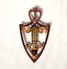 Vtg Hand Painted Lyre Harp Cast Iron Trivet Footed 7" Hanging Wall Decor Cottage
