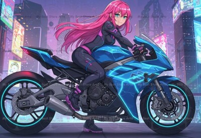 CYBERPUNK ANIME GIRL ART PRINT, Neon Motorcycle Poster, Sci-fi Manga Wall Decor