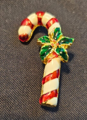 Vintage Red & White Candy Cane Christmas Brooch / Pin w Poinsettia 2''-Marked AAI
