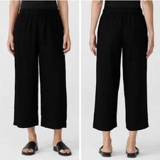 Eileen Fisher Black 100 Organic Cotton Cropped Wide Leg Elastic Waist Pants S/P