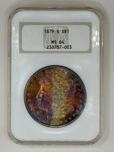 1879S Morgan dollar. NGC MS64. Monster tab toning on obverse!