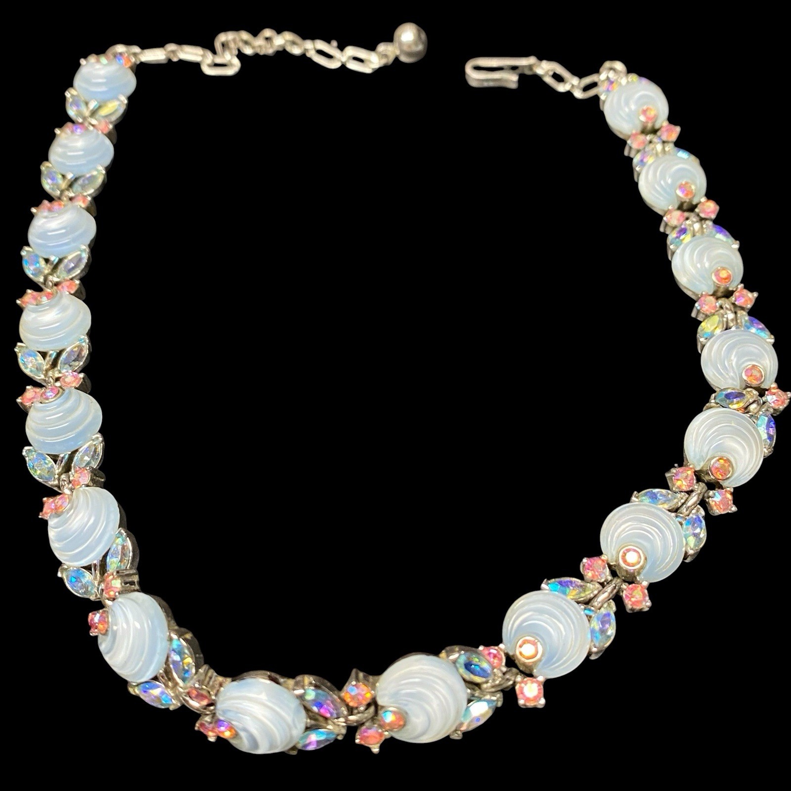 TRIFARI Blue Ribbed Moonglow Pink AB Rhinestone Choker Necklace RARE Jewelry
