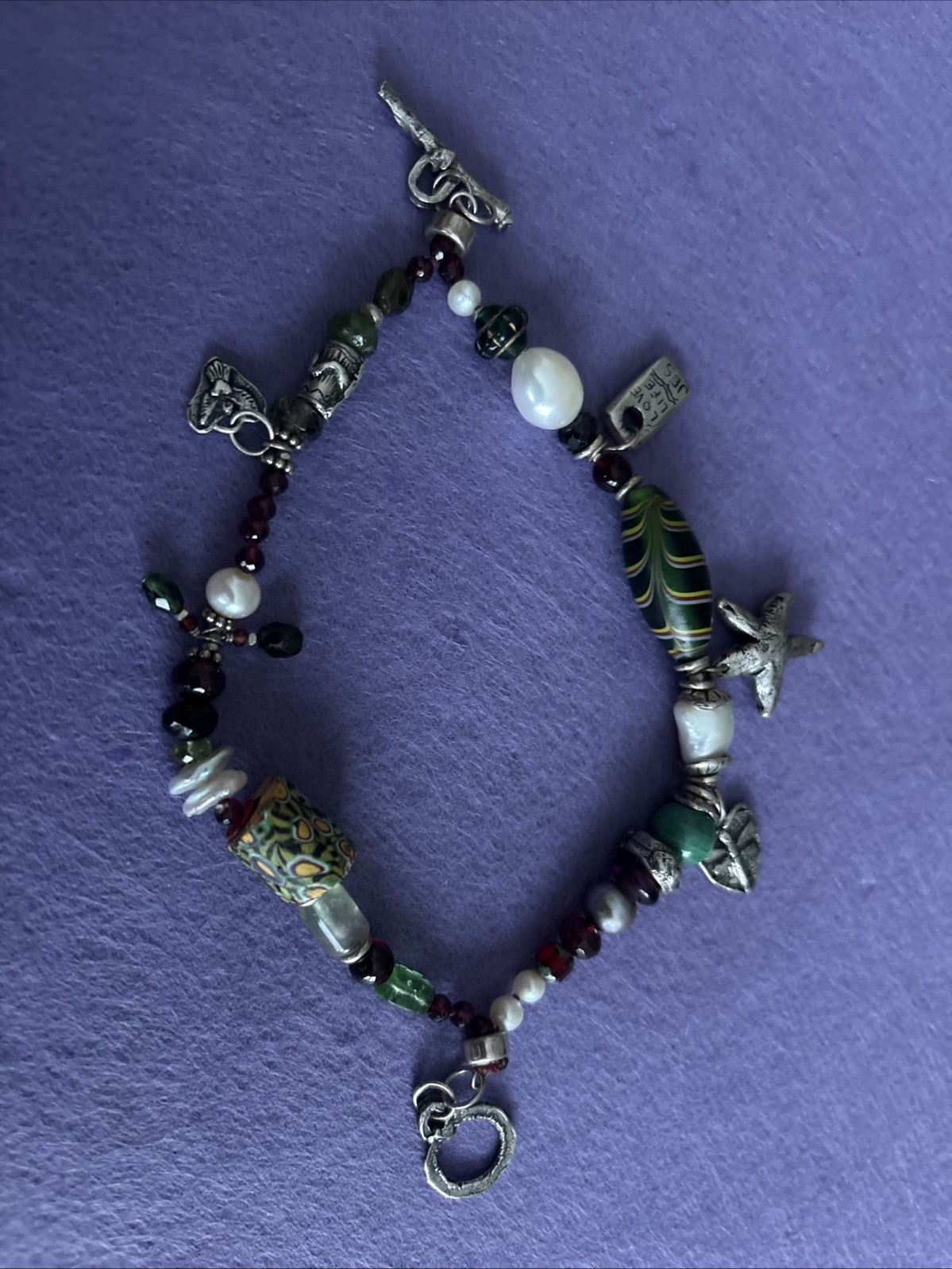 Jes Maharry Silver Charm Bracelet With Green And Purple Stones And Beads