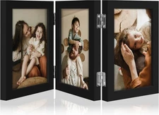 Triple 4x6 Vertical Picture Frame Trifold Wood Tabletop DisplayBlack Plexiglass.
