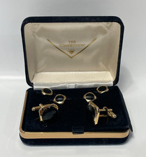 Gold Tone Black Onyx Cuff Links  Tuxedo Studs Set Men  s Formal Wear Boxed