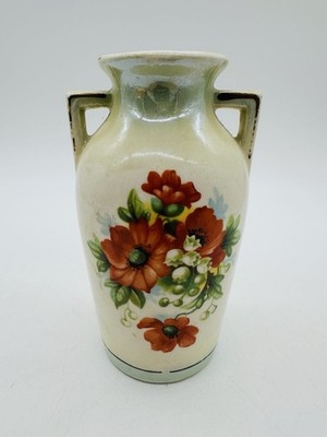 Czechoslovakia Ceramic Bud Vase Floral Pattern With Handles Vintage