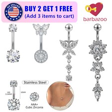 7Pcs 14G Stainless Steel CZ Dangle Belly Button Rings Navel Rings Body Piercing