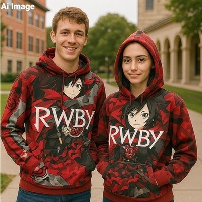 RWBY Rooster Teeth Mens XL Ruby Rose Red Black Cosplay Anime Pullover Hoodie