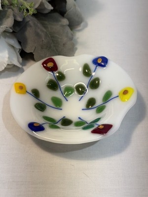 Studio Made Fused Art Glass Mini Dish White Floral Trinket Dish 4.5  Round Bowl