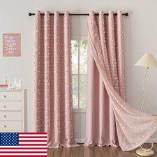 MYSKY HOME Pink Double-Layer Curtains 90" Long with Pom-Pom Sheer Grommet Top